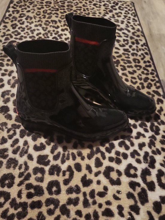 Coach Shoes - NEW! Coach 🐎 Monogram Black Patent Chelsea Ankle Rain Boots with Red Accent